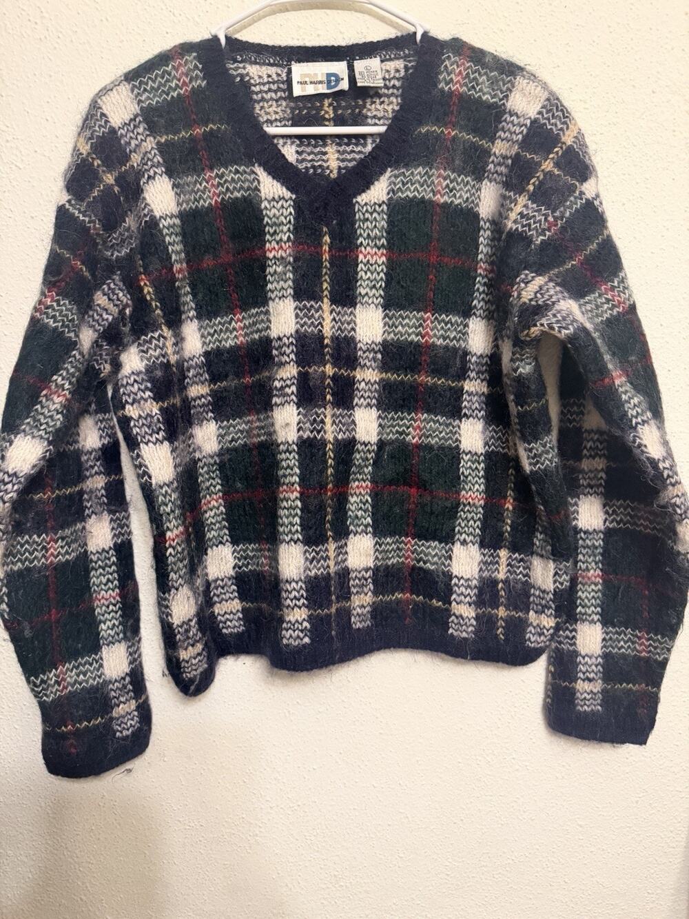 Vintage Paul Harris Design Sweater Mohair Blend Plaid Size L Pullover Christmas
